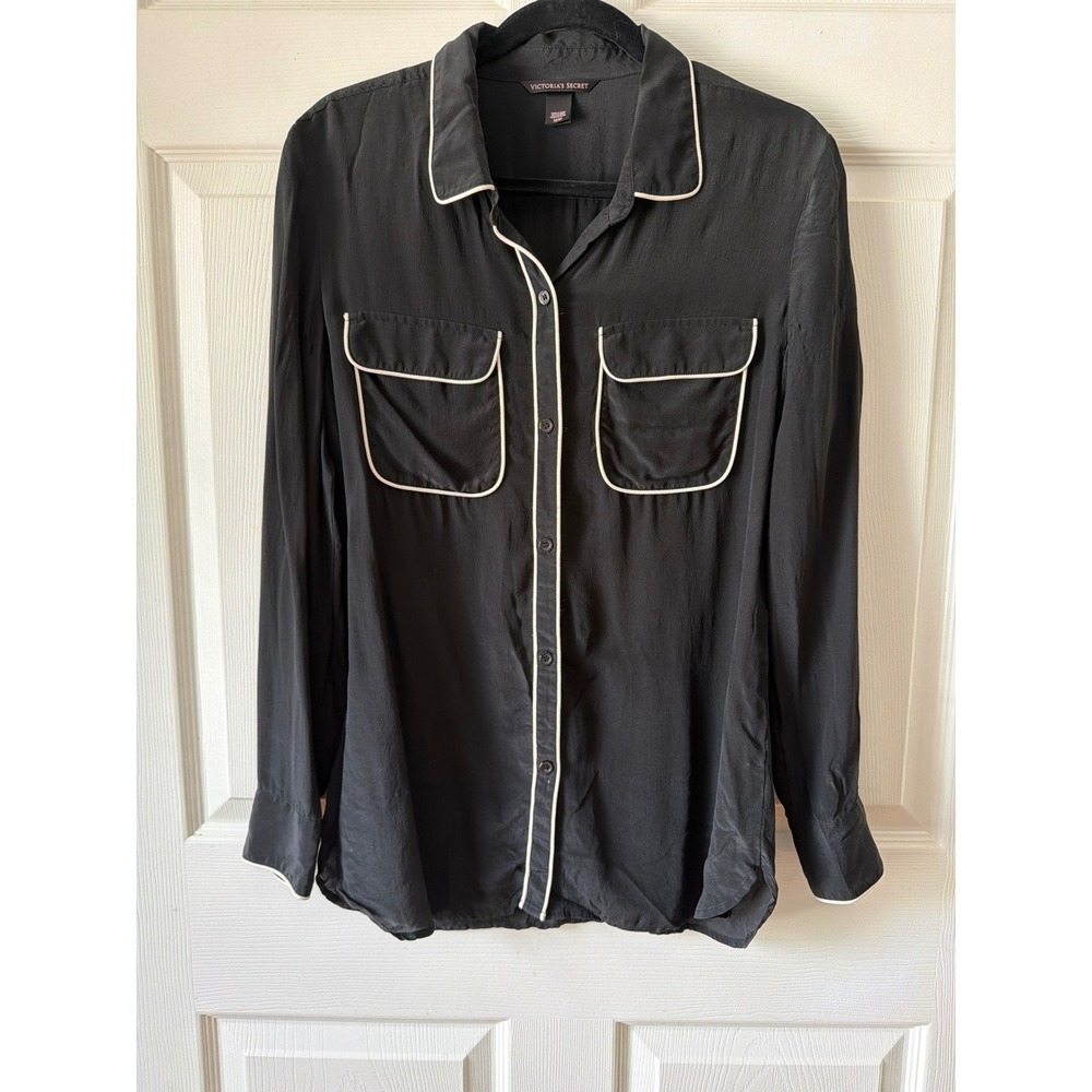Victoria's Secret Silk Button Down Women M Black Contrast Piping Pajama Top
